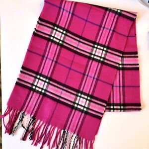100% Cashmere Oblong Scarf in Barbie Pink, Black & Cream. New, Never Worn.